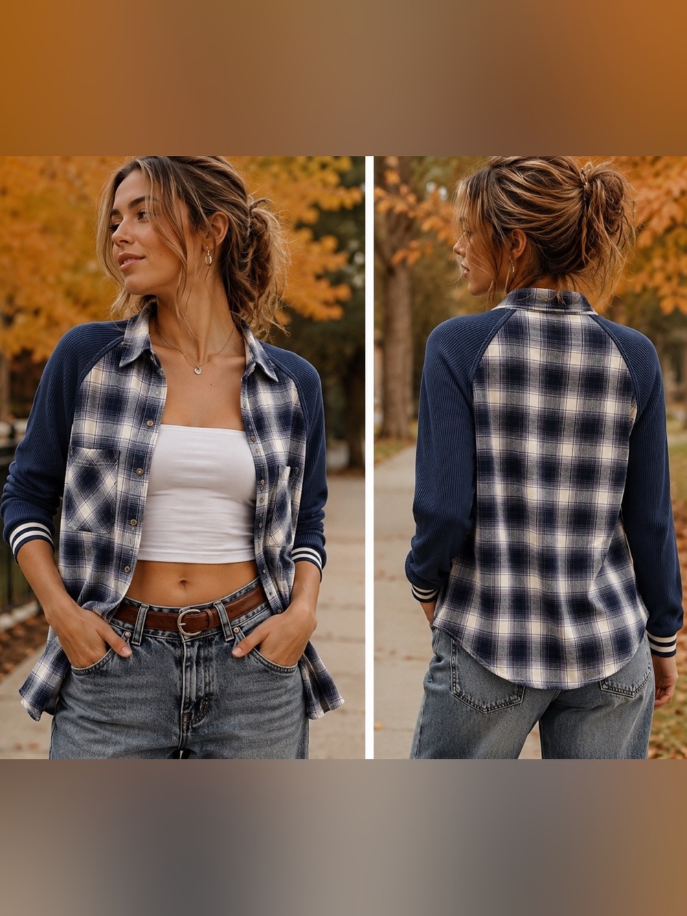 BDG Keanu Soft Navy Plaid Waffle Sleeve Raglan Button Down Varsity Shirt SZ SP